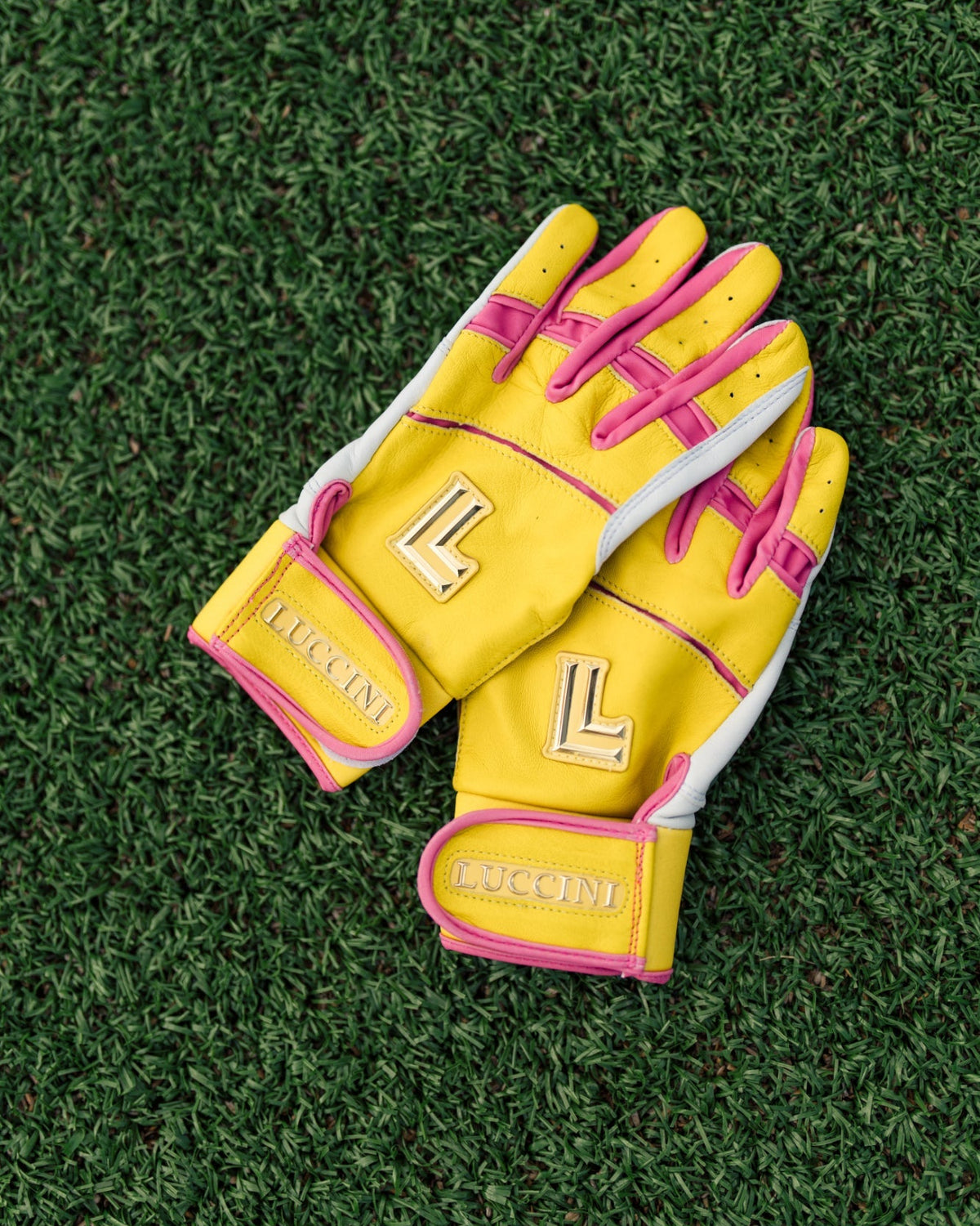 Yellow and pink gloves with 'Lucchini' branding on a grass background