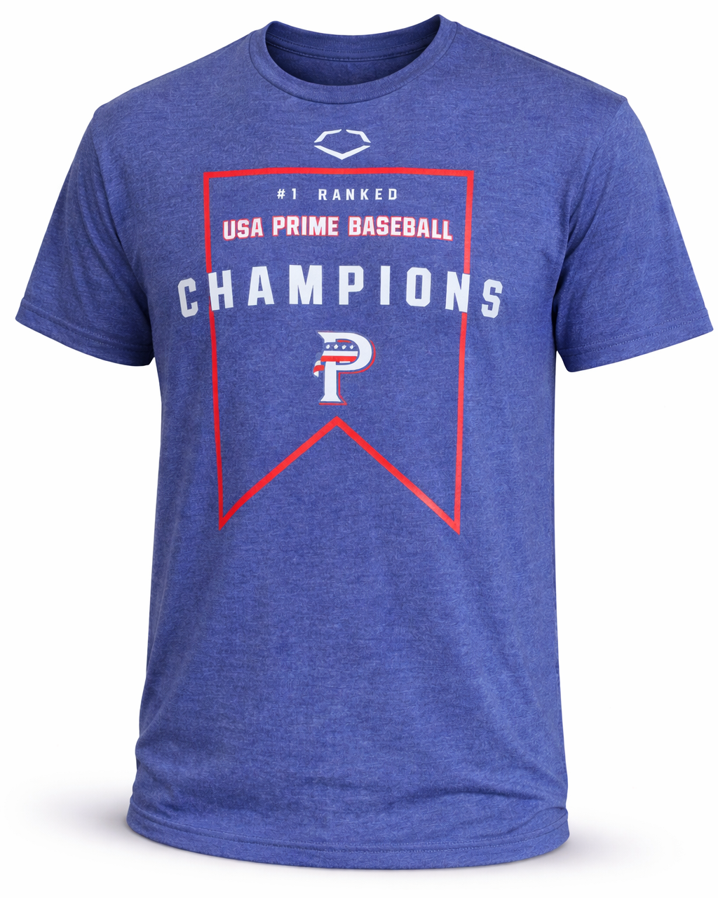 Blue t-shirt with USA Prime Baseball Champions text and logo on a white background