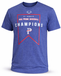Blue t-shirt with USA Prime Baseball Champions text and logo on a white background