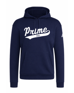 Navy hoodie with 'Prime USA' text on a white background