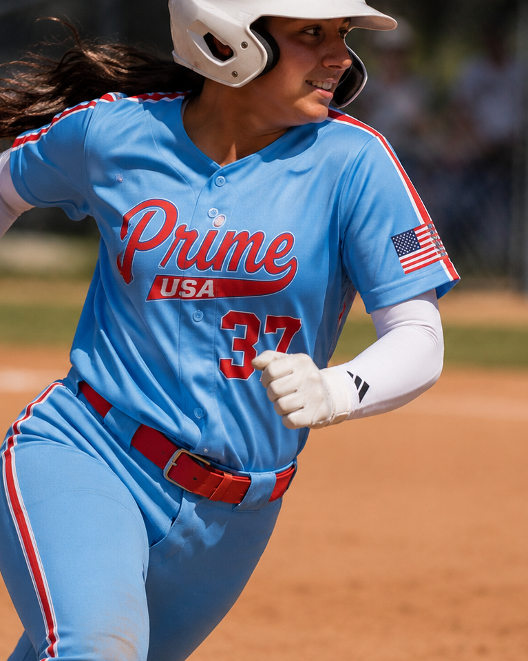 A baseball player wearing a light blue uniform with red and white trim, a white helmet, and white gloves runs on a dirt baseball field. The jersey reads 'Prime USA' with the number 37.