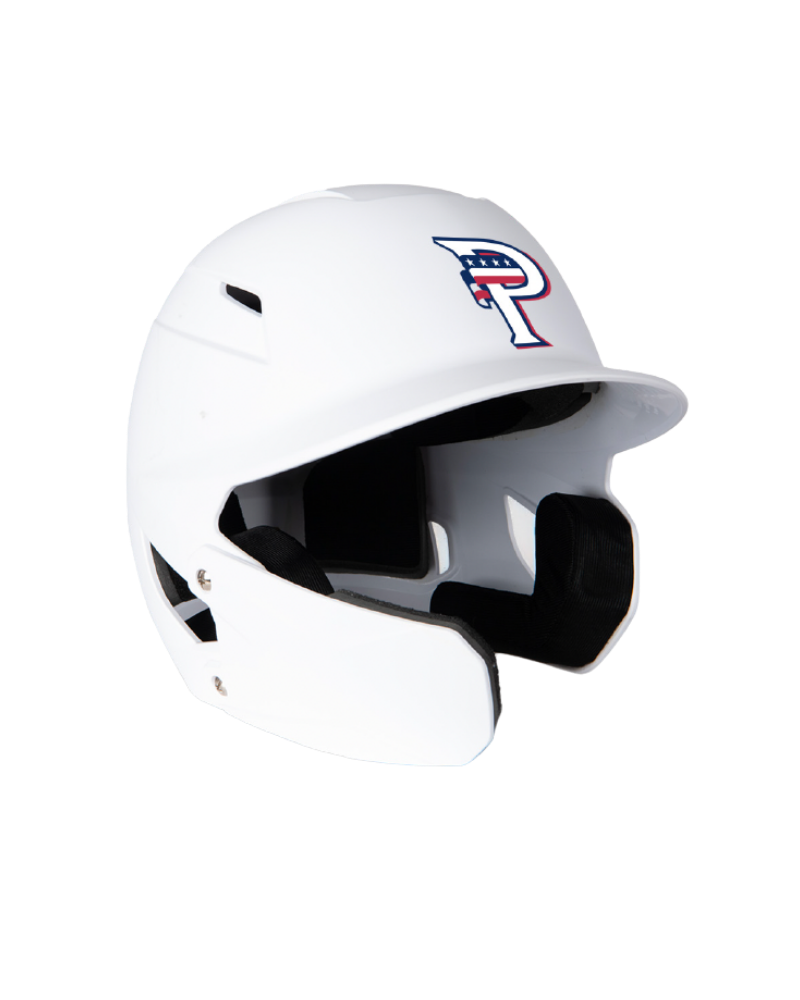 White batting helmet with a logo on a white background
