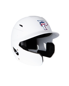 White batting helmet with a logo on a white background
